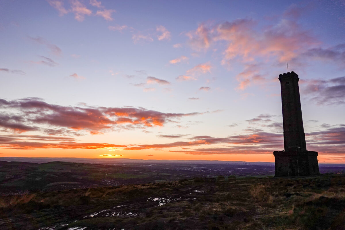 Sunrise at Peel Tower atop Holcombe Hill, England