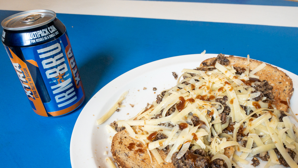 Haggis on toast with Irn Bru