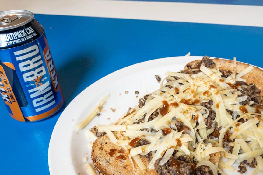 Haggis on toast with Irn Bru