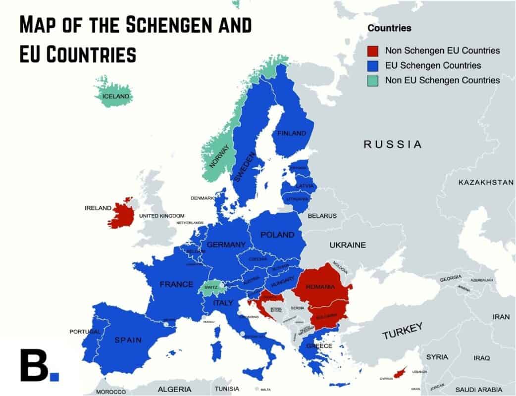 Map of the Schengen and EU countries