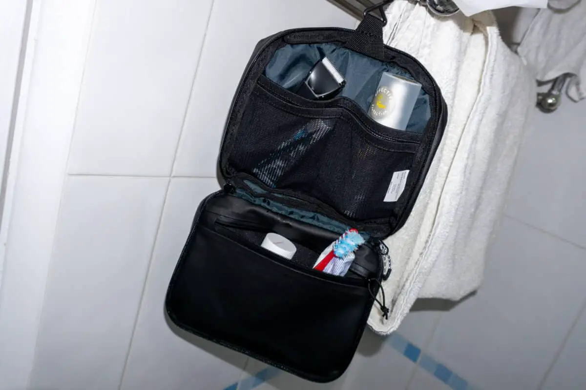 Toiletries in a hanging bag