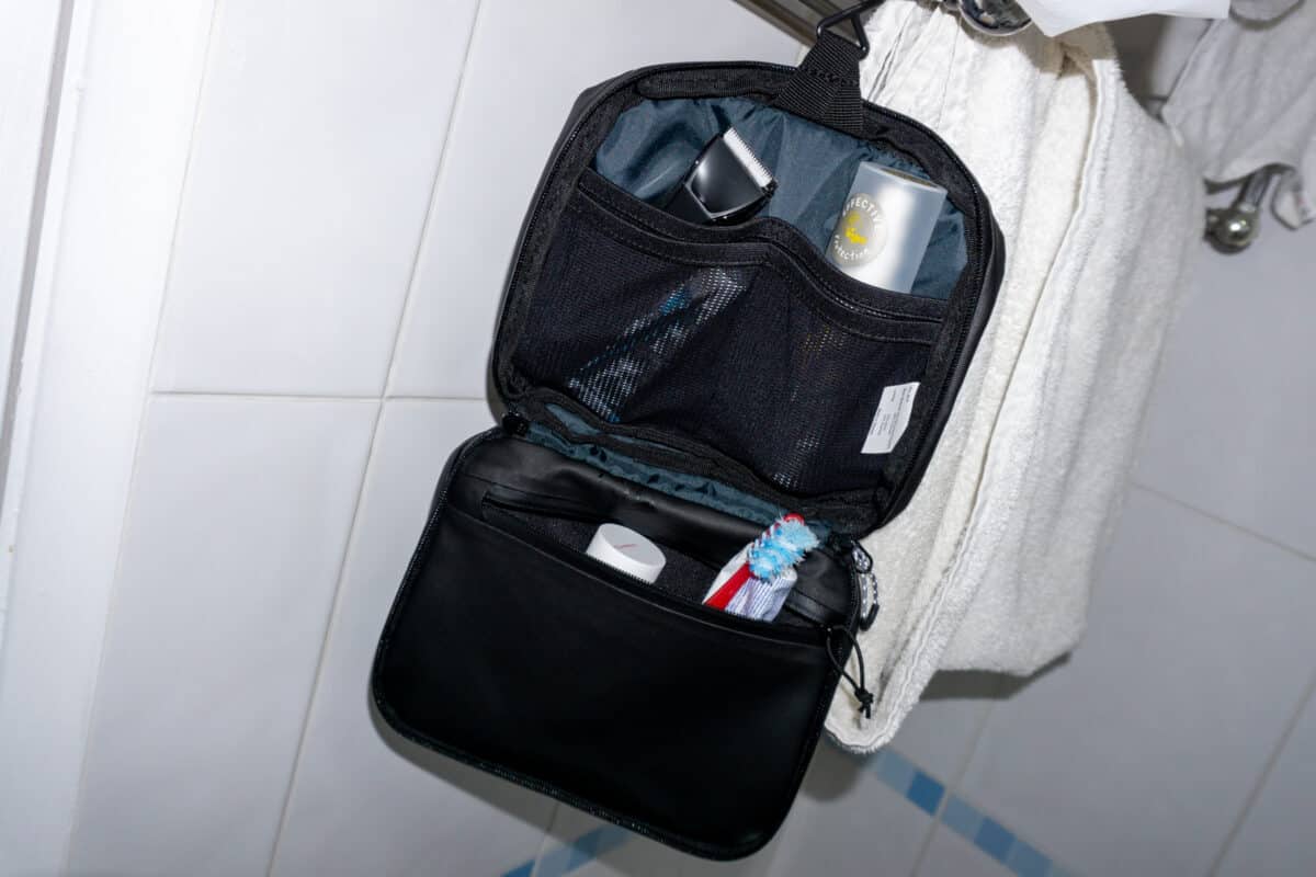 Toiletries in a hanging bag