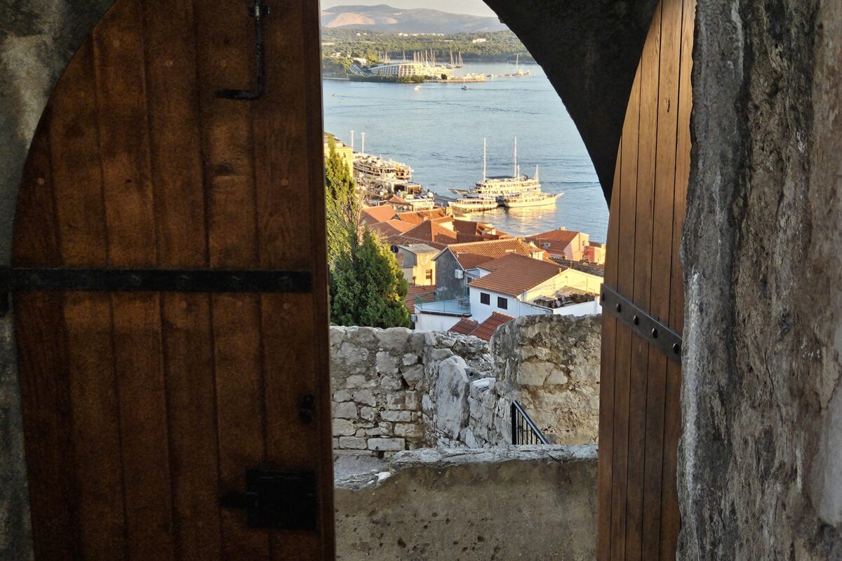 View through doorway over old town